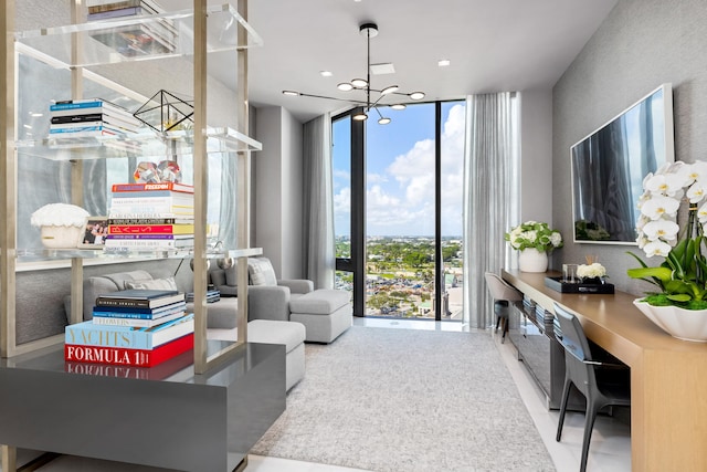 interior space featuring an inviting chandelier and floor to ceiling windows