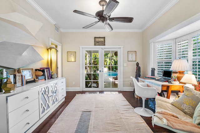 office area featuring ceiling fan, french doors, dark wood-type flooring, and ornamental molding