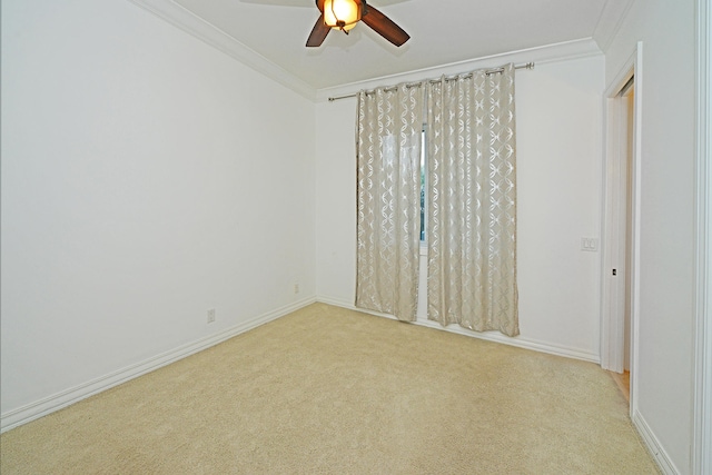 unfurnished bedroom with ceiling fan, light carpet, and ornamental molding