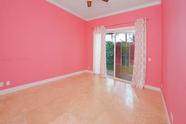 spare room featuring crown molding and ceiling fan