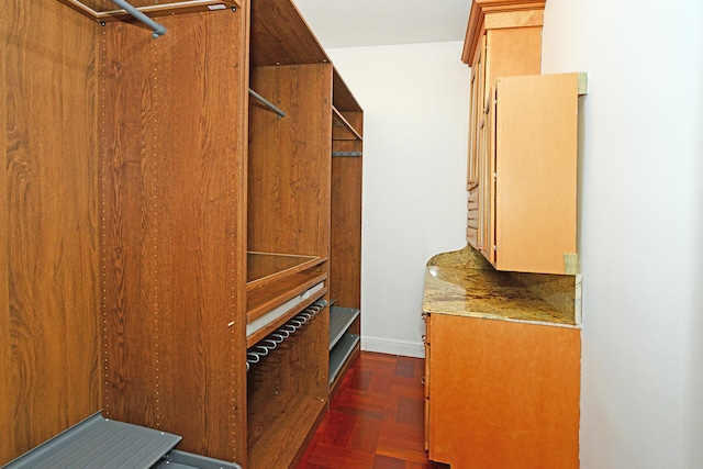 spacious closet featuring dark parquet floors