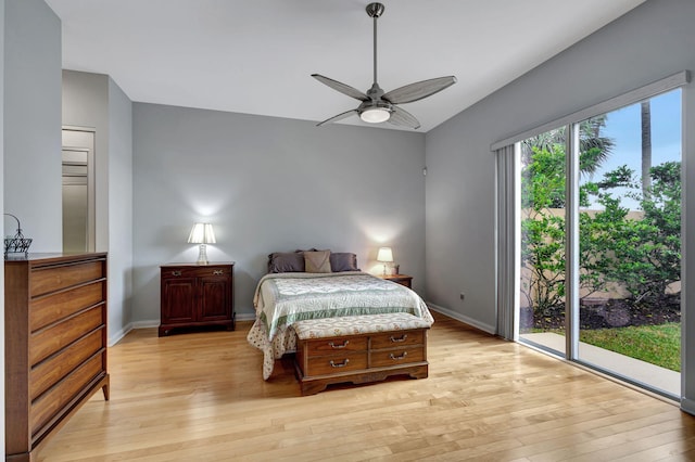 bedroom with light wood finished floors, access to outside, baseboards, and ceiling fan