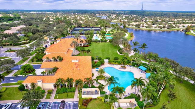 aerial view featuring a water view