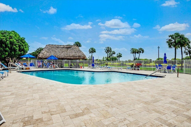 view of swimming pool featuring a patio area