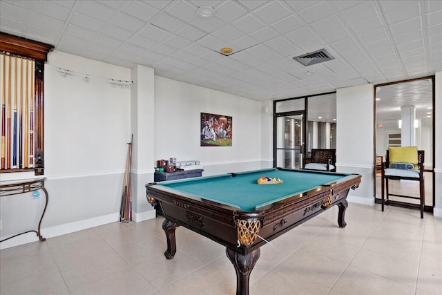 recreation room with a drop ceiling, light tile patterned flooring, and pool table