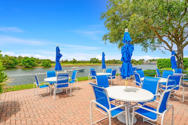 view of patio / terrace featuring a water view