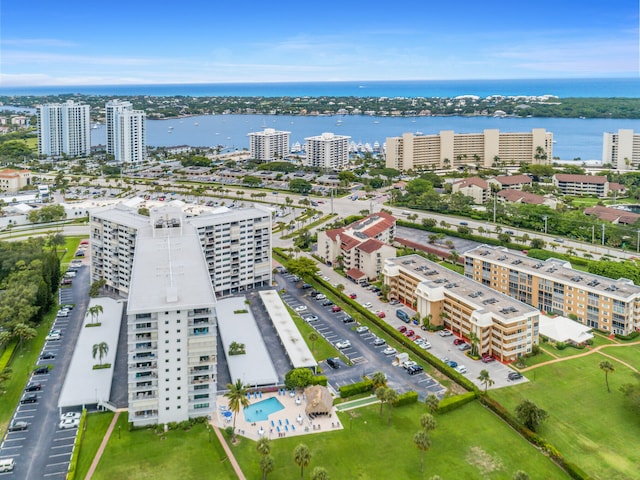 aerial view featuring a water view