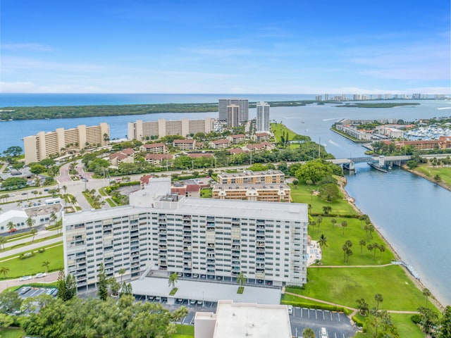 bird's eye view with a water view