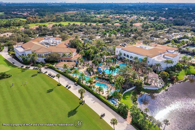 birds eye view of property featuring a water view