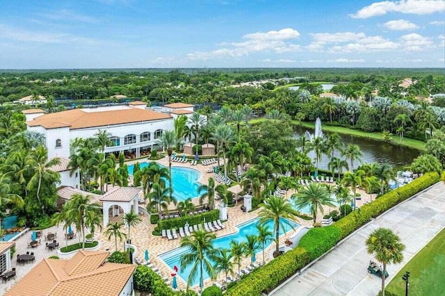 aerial view featuring a water view