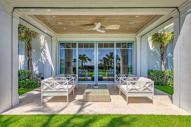 view of patio featuring ceiling fan and an outdoor hangout area