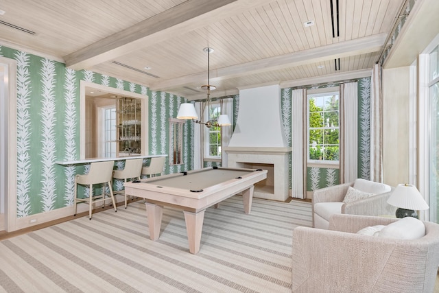 recreation room featuring light carpet, wood ceiling, beam ceiling, billiards, and a chandelier