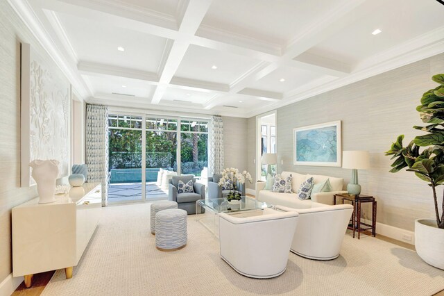 living room featuring beamed ceiling, baseboards, wallpapered walls, coffered ceiling, and recessed lighting