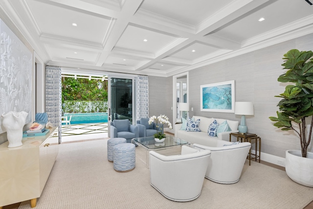 living room featuring crown molding, coffered ceiling, and beamed ceiling