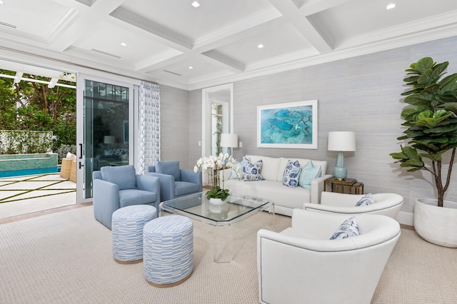 living room with beamed ceiling, coffered ceiling, light carpet, and crown molding