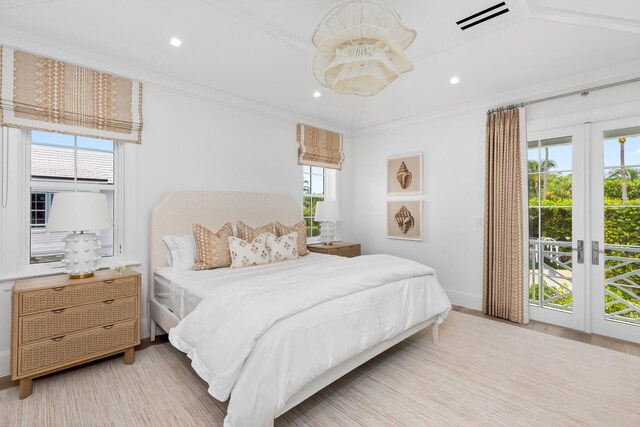 bedroom featuring access to outside, multiple windows, recessed lighting, baseboards, and ornamental molding