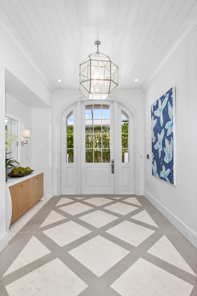 entryway featuring wooden ceiling and a chandelier