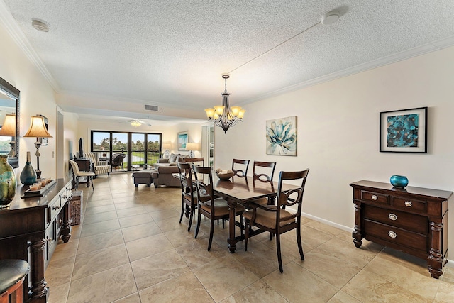 dining space featuring crown molding, a textured ceiling, light tile patterned flooring, and ceiling fan with notable chandelier