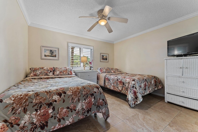 bedroom featuring crown molding, a textured ceiling, and ceiling fan