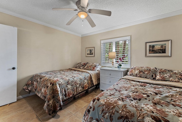 tiled bedroom featuring crown molding, a textured ceiling, and ceiling fan