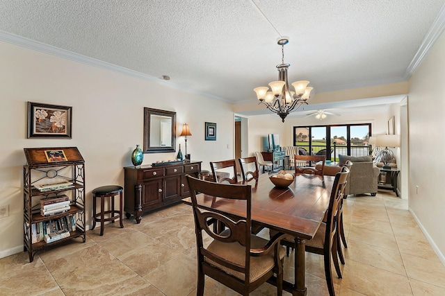 dining space with crown molding, a textured ceiling, and ceiling fan with notable chandelier