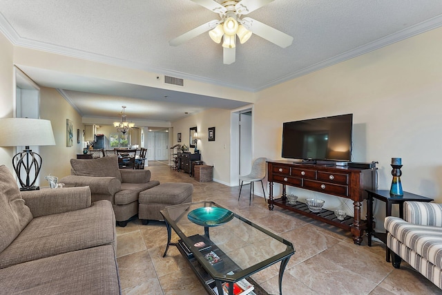 living room featuring crown molding, a textured ceiling, and ceiling fan with notable chandelier