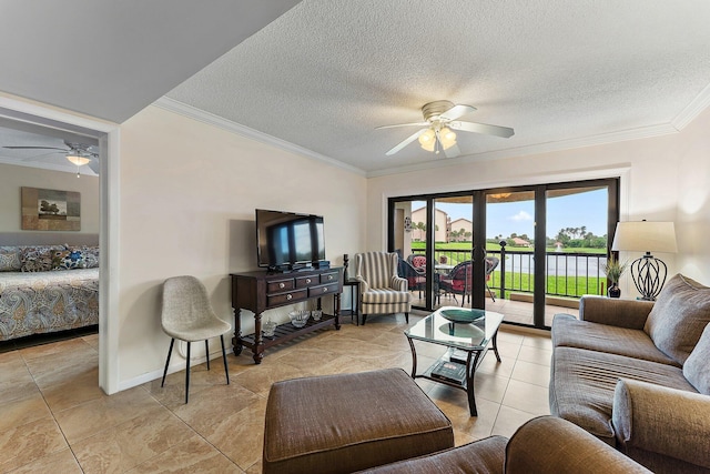 tiled living room featuring ornamental molding, a textured ceiling, and ceiling fan