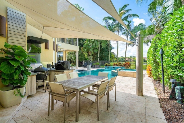 view of patio with area for grilling and a fenced in pool