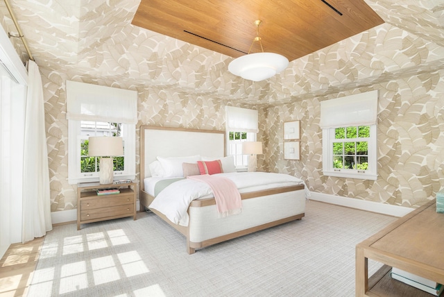 284 Monterey Rd, Palm Beach, FL 33480 - bedroom featuring wallpapered walls, multiple windows, baseboards, and wooden ceiling