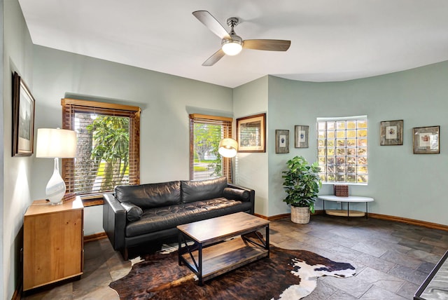 living room with ceiling fan