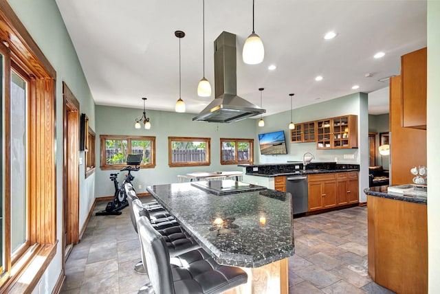 kitchen featuring dishwasher, hanging light fixtures, island range hood, and an island with sink