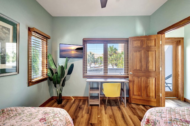 bedroom featuring ceiling fan and light wood-type flooring