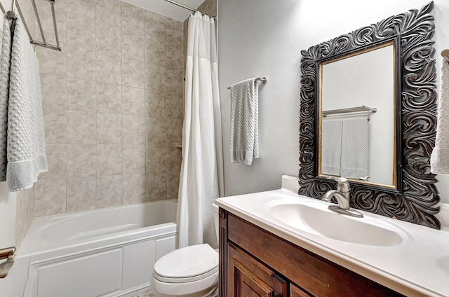 full bathroom featuring toilet, vanity, and shower / bathtub combination with curtain