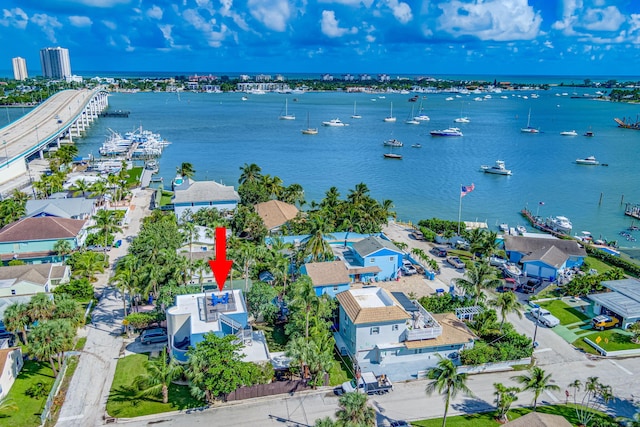 drone / aerial view featuring a water view