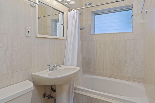 bathroom with toilet and shower / bathtub combination with curtain