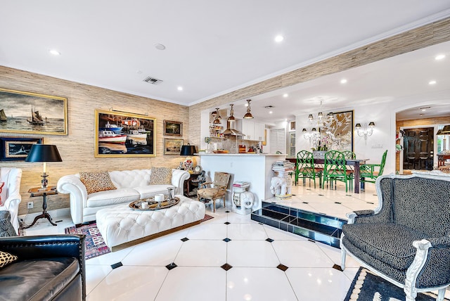 tiled living room with crown molding