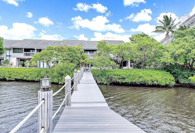 view of dock with a water view and a balcony