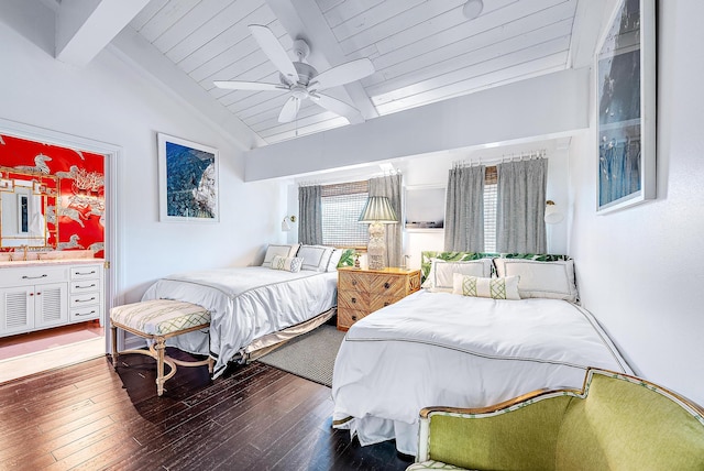 bedroom with vaulted ceiling with beams, sink, wood-type flooring, and ceiling fan