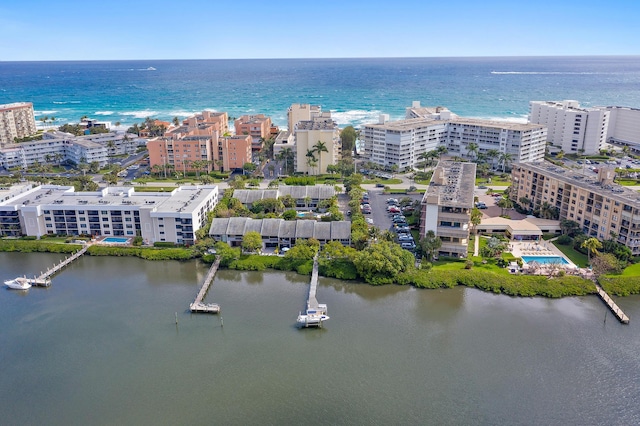 bird's eye view with a water view