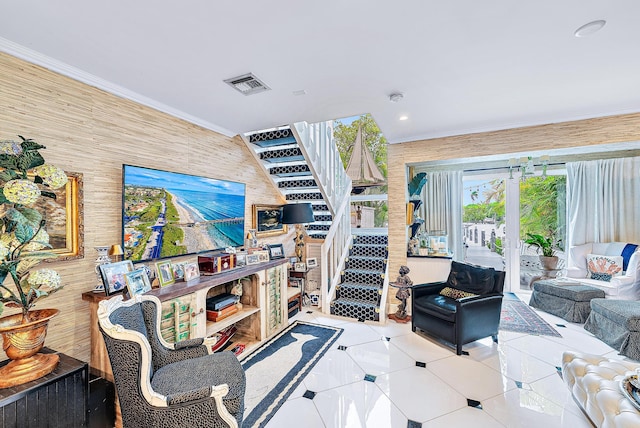 tiled living room featuring crown molding