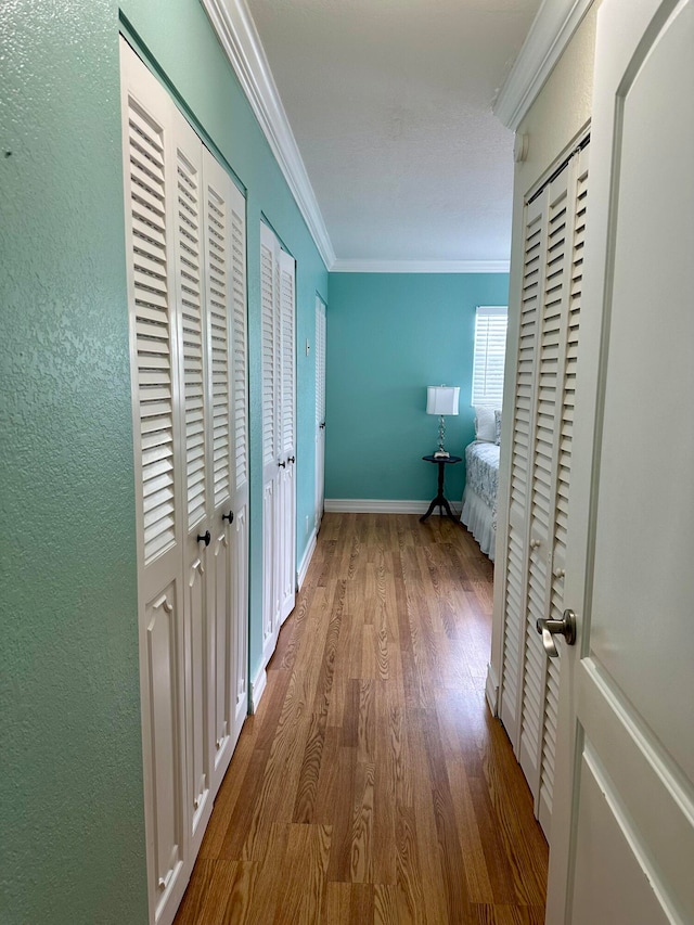 hall featuring crown molding and hardwood / wood-style flooring