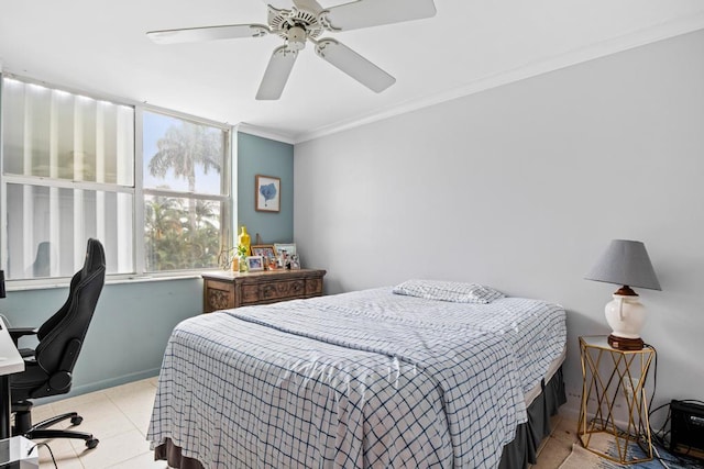 tiled bedroom with crown molding and ceiling fan