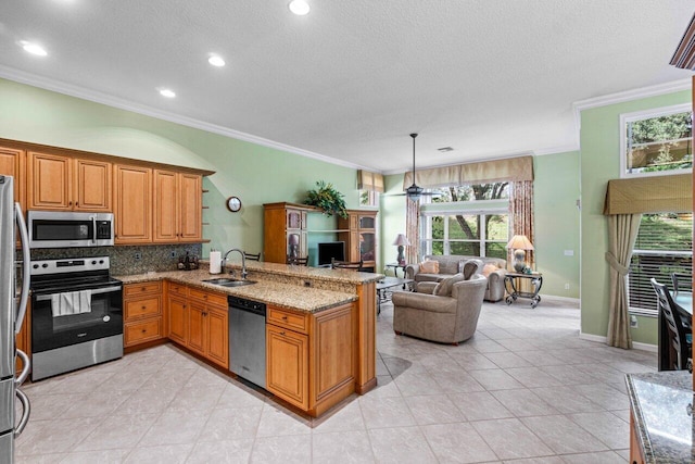 kitchen with sink, ornamental molding, kitchen peninsula, and appliances with stainless steel finishes