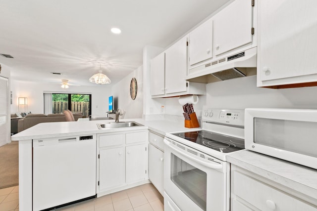 kitchen featuring a sink, white appliances, a peninsula, open floor plan, and under cabinet range hood