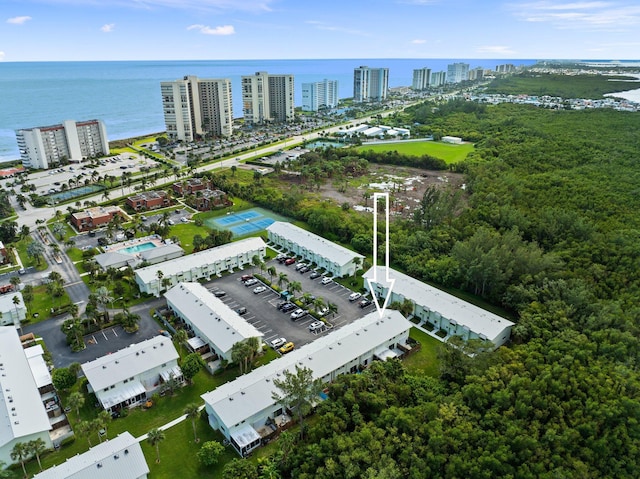 birds eye view of property featuring a city view and a water view