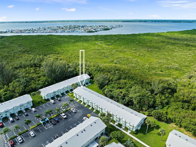 aerial view featuring a water view and a wooded view
