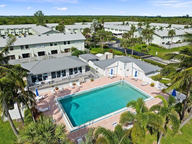 pool with a residential view and a fenced backyard