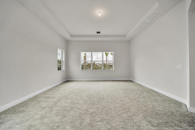 empty room with a raised ceiling and carpet flooring