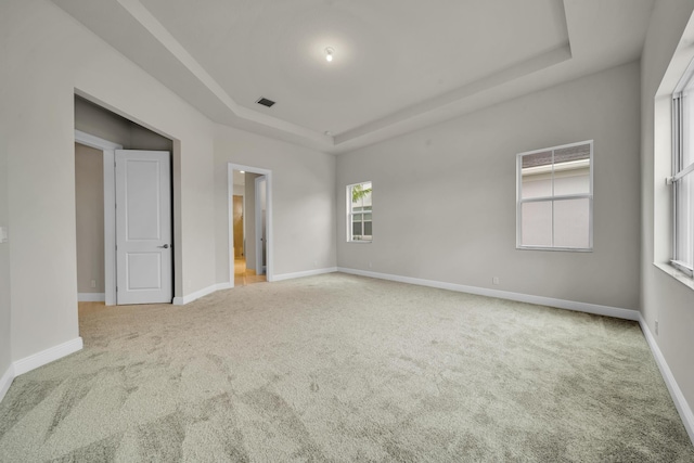 carpeted spare room featuring a raised ceiling