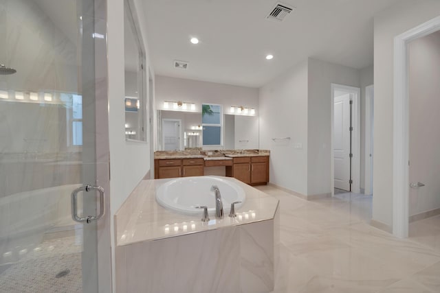 bathroom with vanity and plus walk in shower